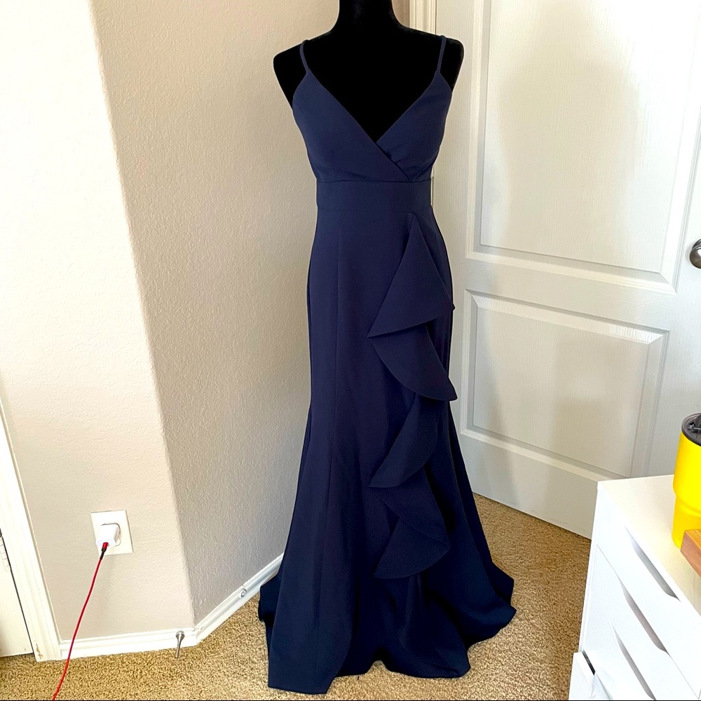 STUNNING Eliza J formal gown, navy, with flowy ruffles